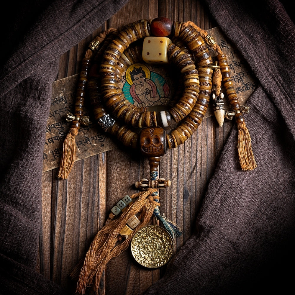 EastKarma GUARDIAN SPIRIT 108 MALA BEADS YAK BONE AGATE AND BRASS