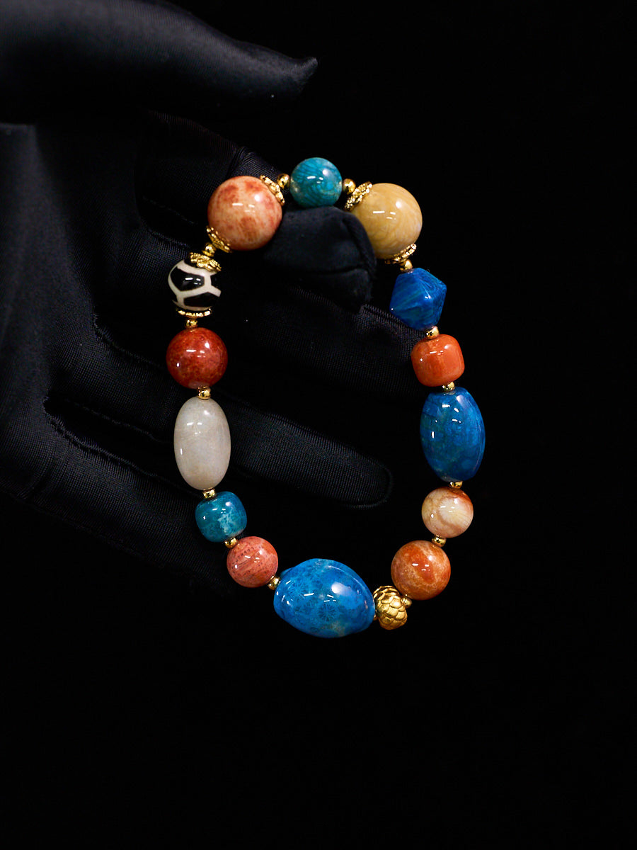 EastKarma AGATIZED CORAL & TURTLE-BACK LONGEVITY BEAD PROTECTION BRACELET