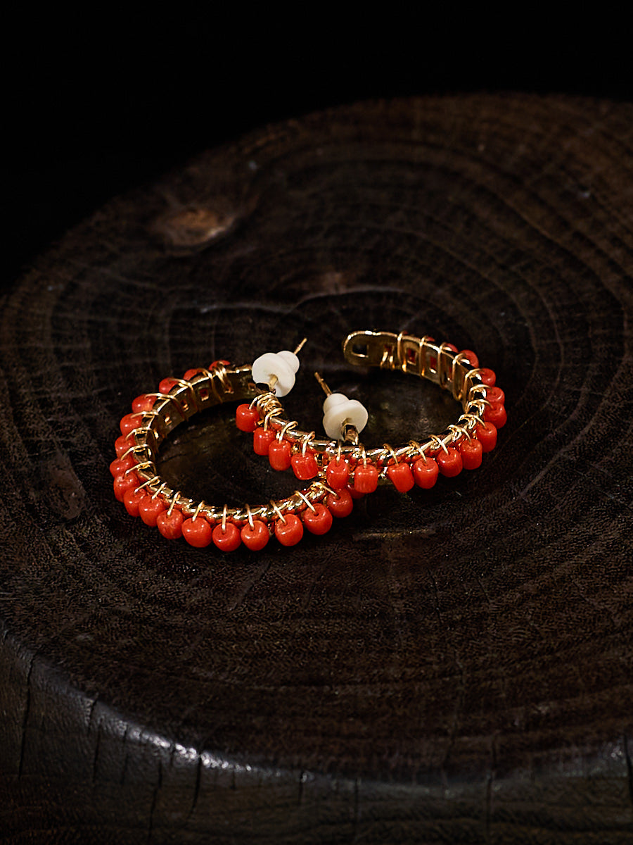 EastKarma RADIANT CORAL WIRE-WRAPPED GOLD HOOP EARRINGS