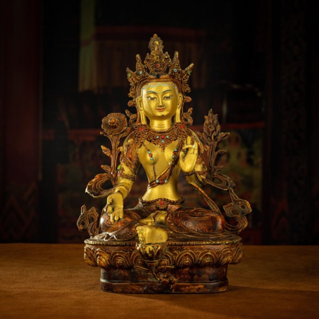 EastKarma QING DYNASTY TIBETAN ANTIQUE GREEN TARA STATUE GILDED CLAY FROM POTALA PALACE