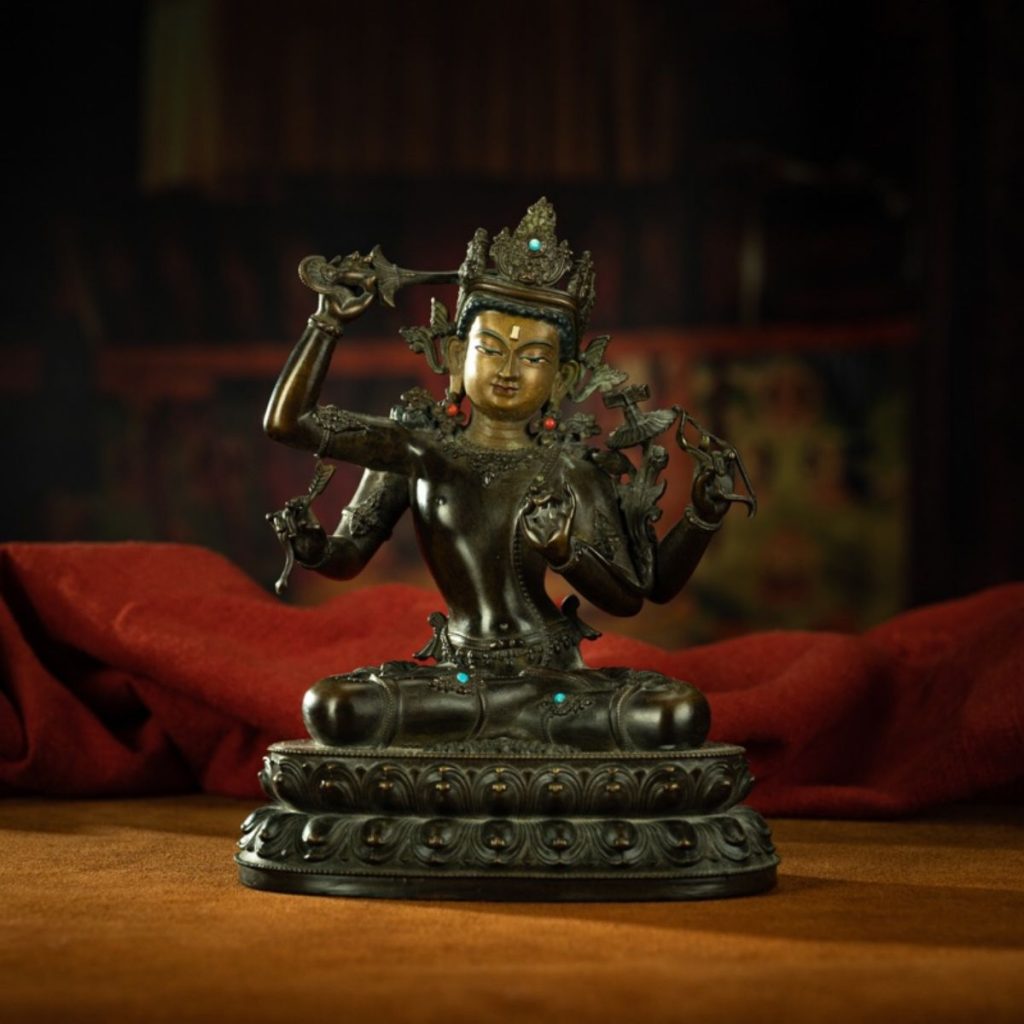 EastKarma QING DYNASTY TIBETAN ANTIQUE STATUE FOUR-ARMED MANJUSHRI COPPER DZA MONASTERY