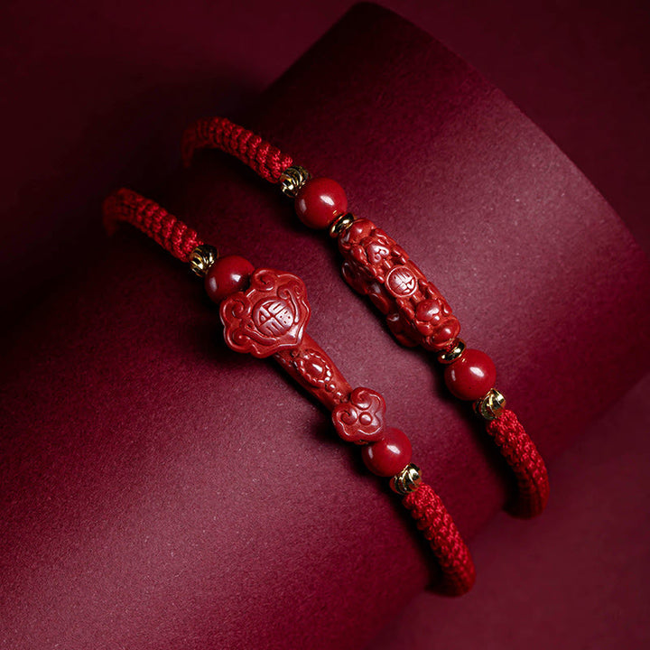 EastKarma Handmade Cinnabar Ruyi Handle Fu Character PiXiu Blessing Red String Braided Bracelet