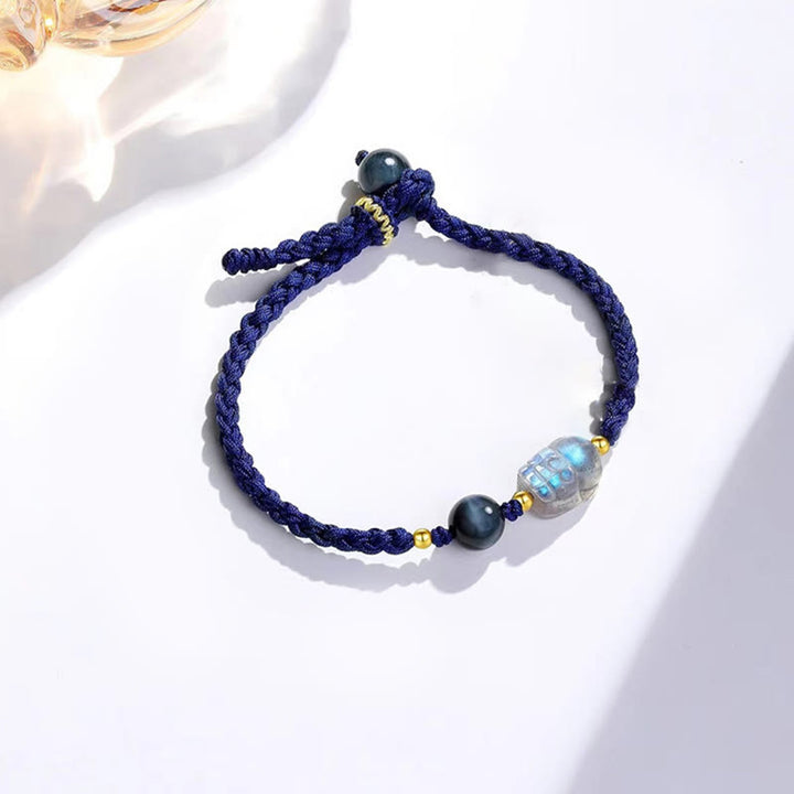 EastKarma Moonstone PiXiu Blue Tiger Eye Fu Character Healing Couple String Bracelet