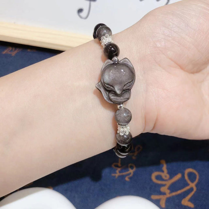 EastKarma Natural Silver Sheen Obsidian Nine Tailed Fox Communication Bracelet