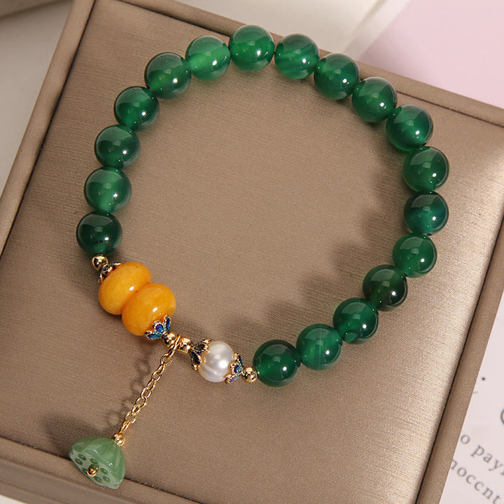 EastKarma Green Agate Amber Pearl Lotus Pod Support Bracelet