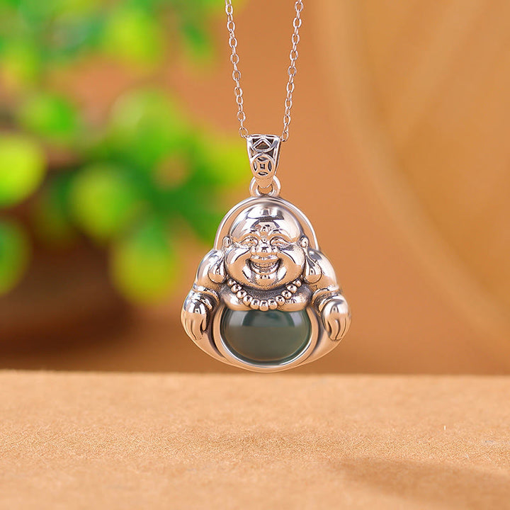 EastKarma 999 Sterling Silver Laughing Buddha Cyan Jade Lotus Success Necklace Chain Pendant