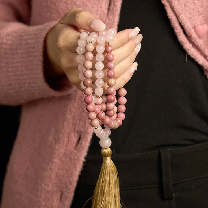 EastKarma 108 Mala Beads Rhodonite Rose Quartz Tassel Healing Bracelet - Image 2