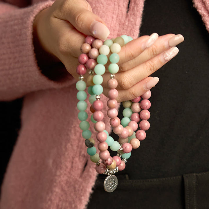 EastKarma 108 Mala Beads Rhodonite Amazonite Lotus Healing Bracelet - Image 2