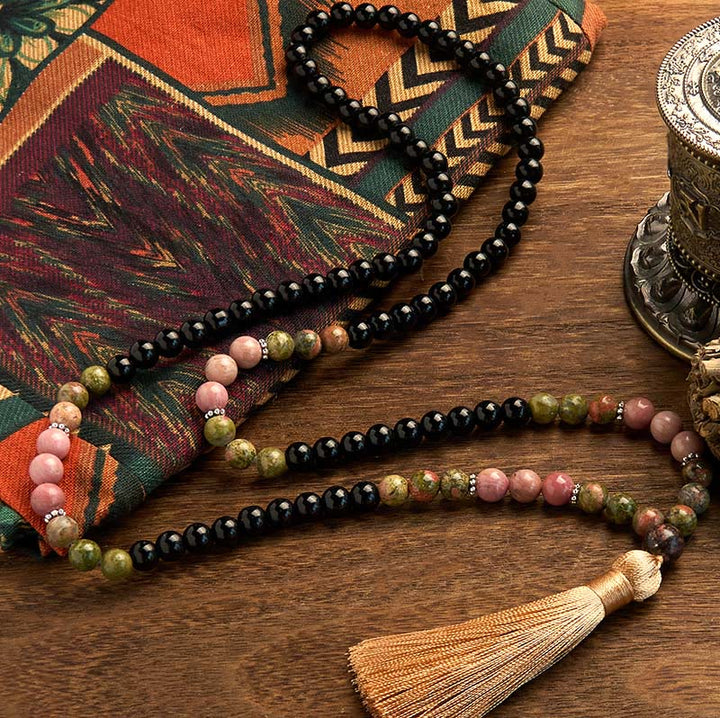 EastKarma 108 Mala Beads Black Jasper Rhodonite Khaki Tassel Healing Bracelet