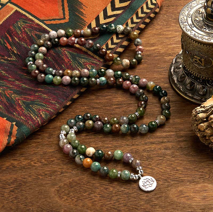 EastKarma 108 Mala Beads Natural Stone Indian Agate Lotus Calm Bracelet