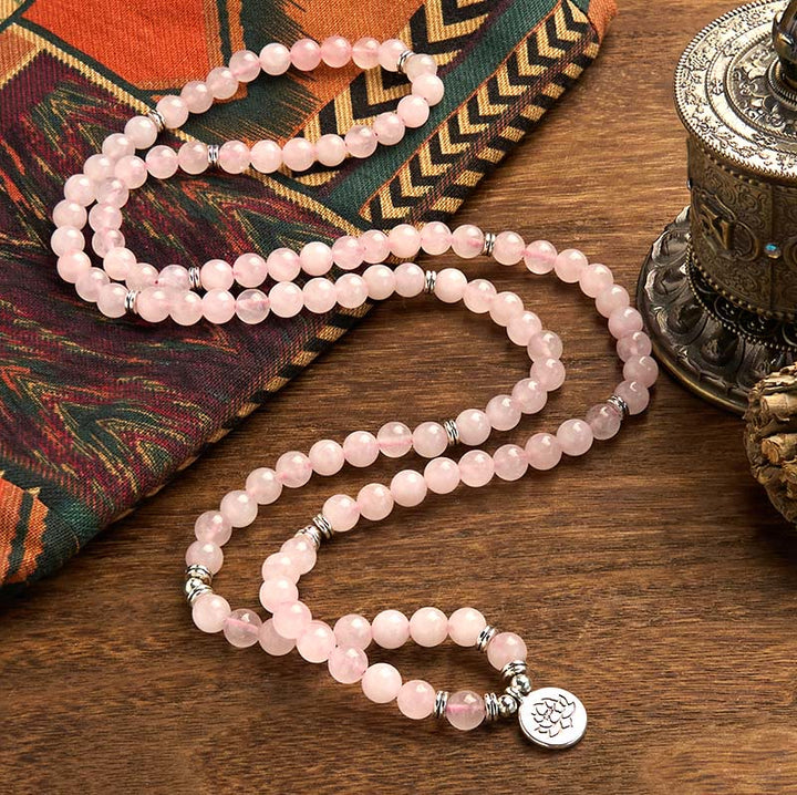 EastKarma 108 Mala Beads Natural Stone Rose Quartz Lotus Peace Bracelet