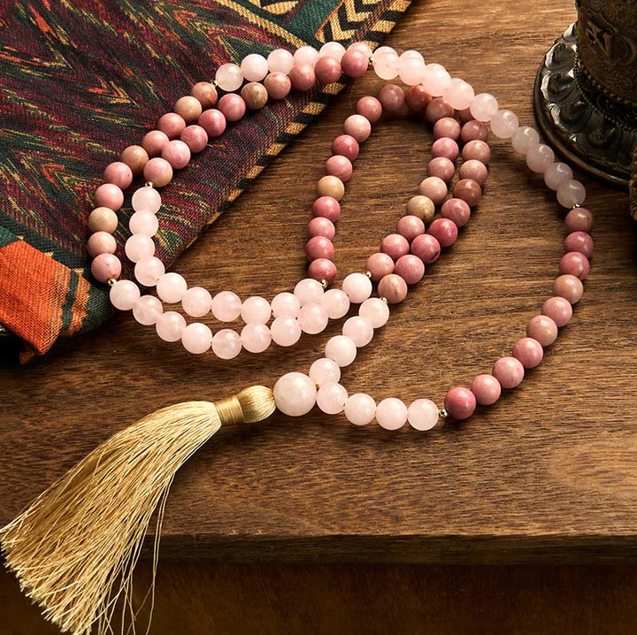 EastKarma 108 Mala Beads Rhodonite Rose Quartz Tassel Healing Bracelet