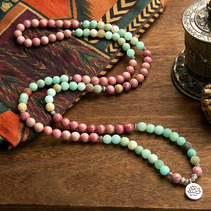 EastKarma 108 Mala Beads Rhodonite Amazonite Lotus Healing Bracelet