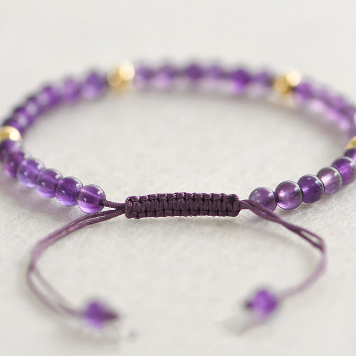 EastKarma 4mm Handmade Natural Amethyst 14k Gold Plated Copper Beads Braided String Relieves Stress Bracelet