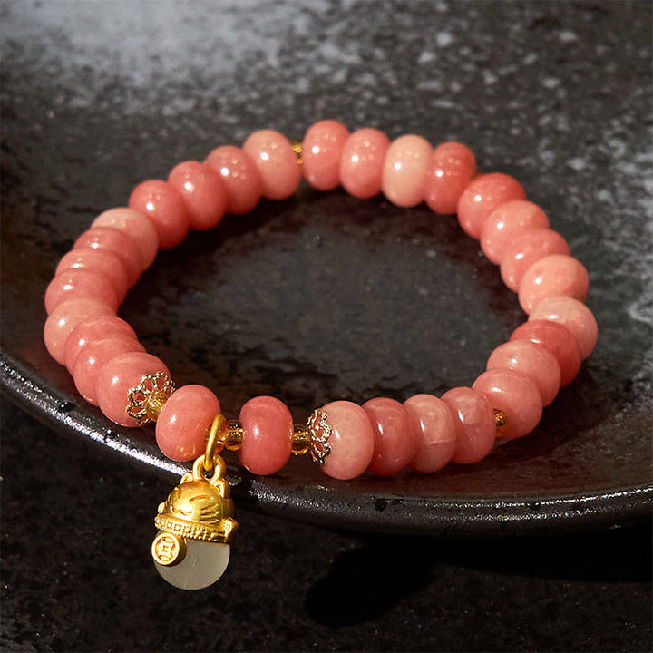 EastKarma Strawberry Quartz Cyan Jade Lucky Cat Beads Healing Bracelet