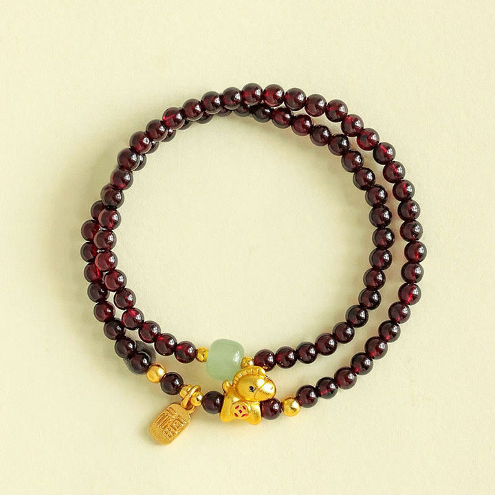 EastKarma Year Of The Horse Garnet Jade Fu Character Stability Double Wrap Bracelet