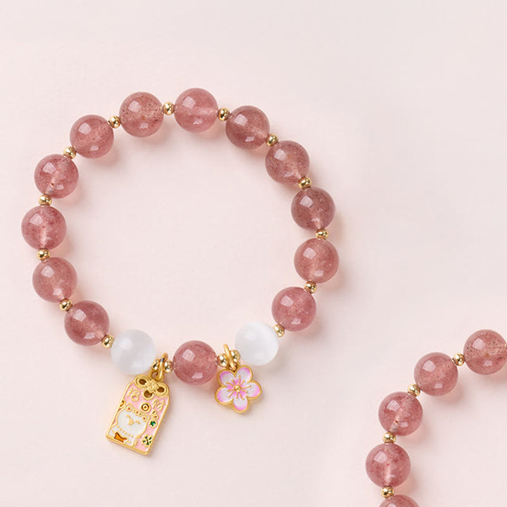 EastKarma Lucky Cat Peach Blossoms Charm Strawberry Quartz White Cat's Eye Healing Bracelet