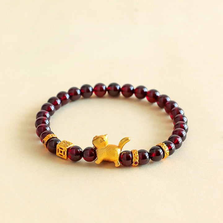 EastKarma Cute Lucky Cat Charm Garnet Cinnabar Calm Protection Beaded Bracelet