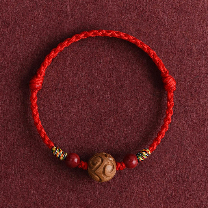 EastKarma Carved Auspicious Pattern Natural Peach Wood Rope Luck Bracelet