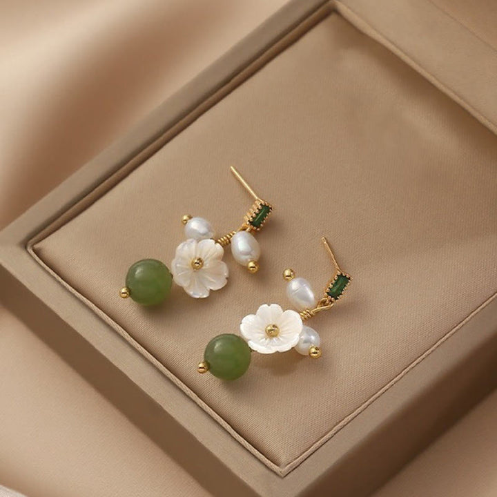 EastKarma Hetian Jade Pearl Bead Flower Prosperity Abundance Earrings