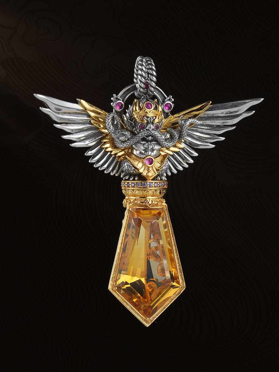 EastKarma WEALTH AMULET NECKLACE CITRINE SUN-WING GARUDA