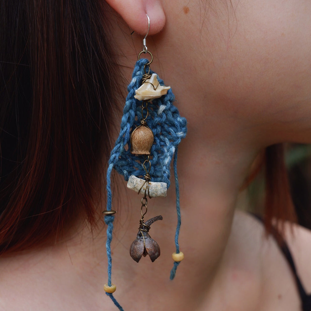 EastKarma CALM ESSENCE HANDMADE EARRINGS WITH INDIGO COTTON AND NATURAL ELEMENTS