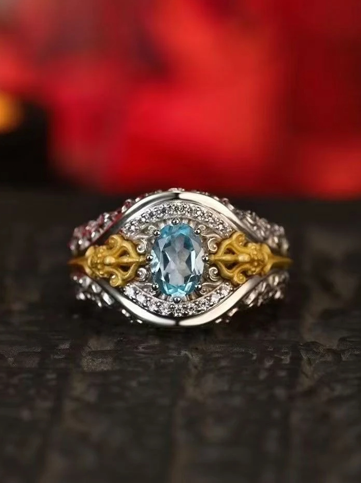 EastKarma Vajra Ritual Ring: Padmasambhava's Symbol for Overcoming Obstacles & Divine Protection - Sterling Silver with  Blue Topaz