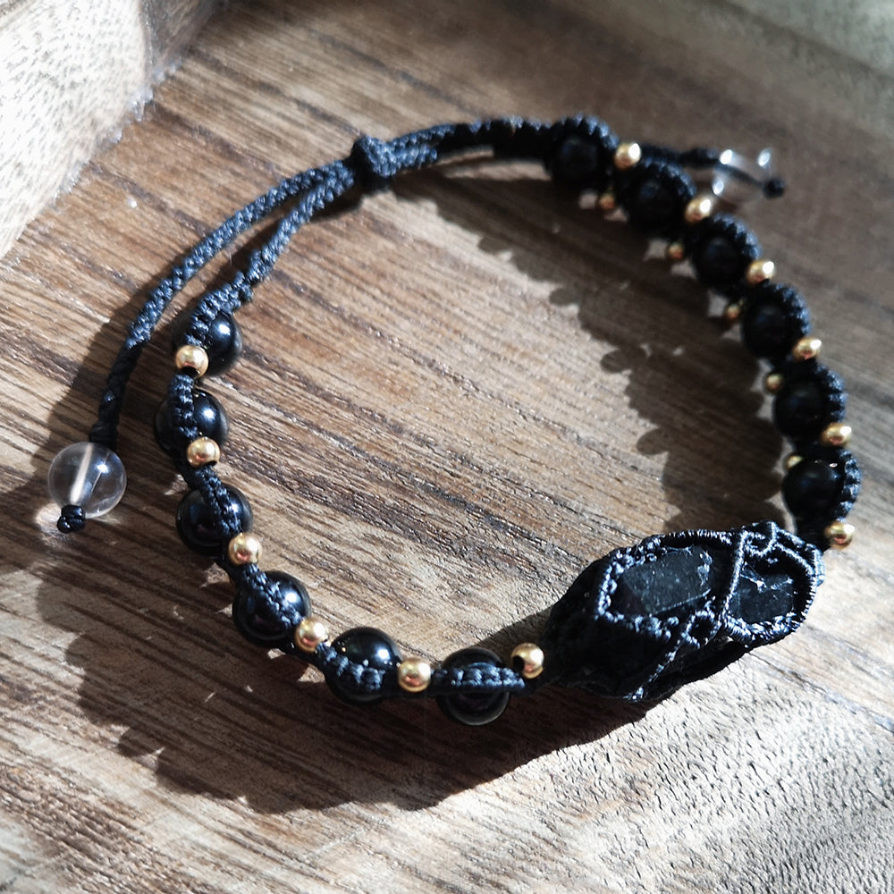 EastKarma BLACK TOURMALINE SHIELD BRACELET – HANDCRAFTED PROTECTION WITH BRASS ACCENTS
