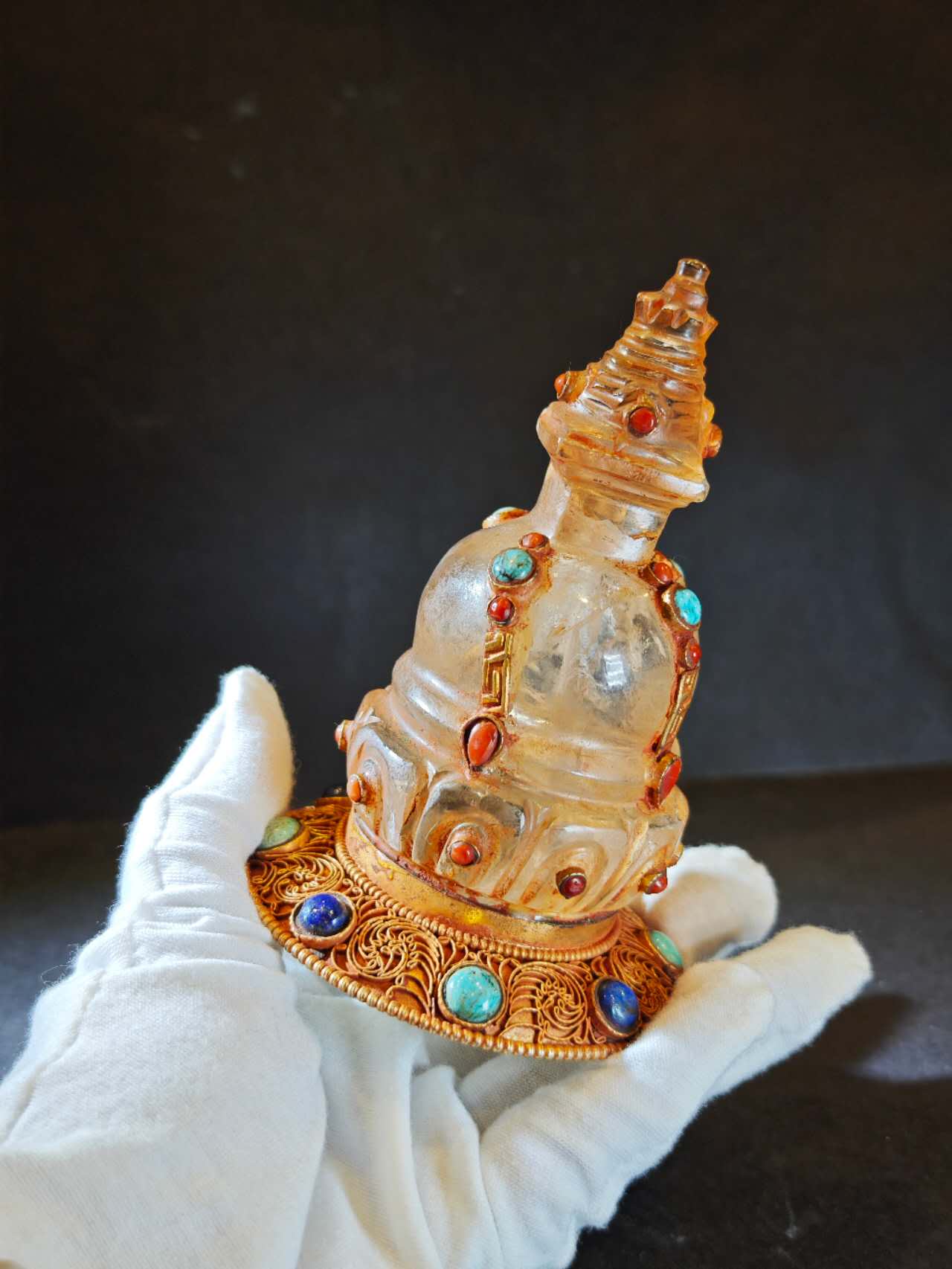EastKarma HIMALAYAN GOLDEN CLEAR QUARTZ STUPA SCULPTURE