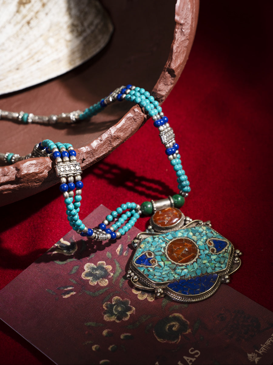 EastKarma ATTRACT FORTUNE VITALITY NECKLACE | TIBETAN AMBER TURQUOISE CORAL WITH WHITE COPPER