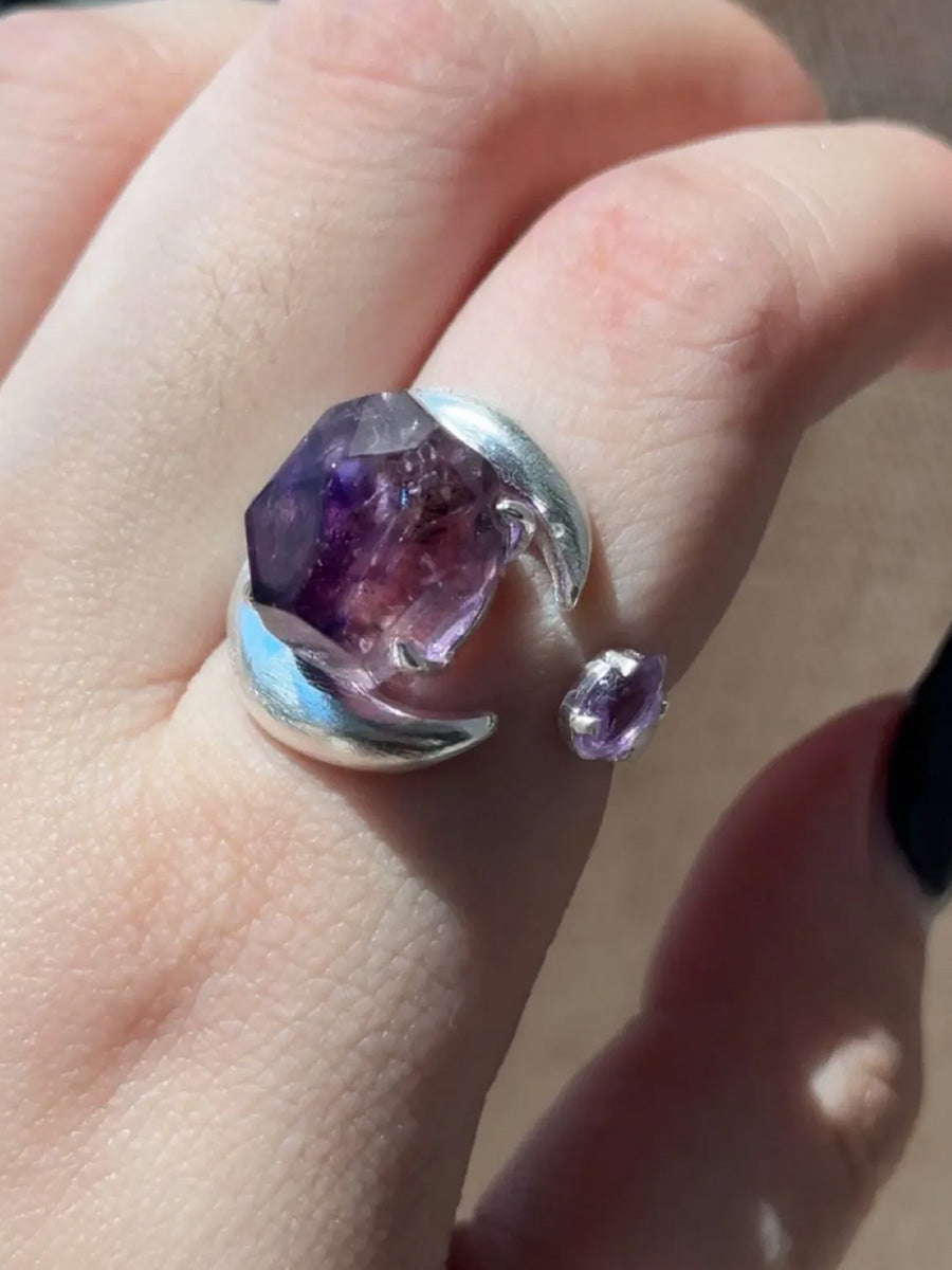 EastKarma MOON EMBRACE CLARITY & SERENITY RINGS | AMETHYST & CLEAR QUARTZ STERLING SILVER DESIGN