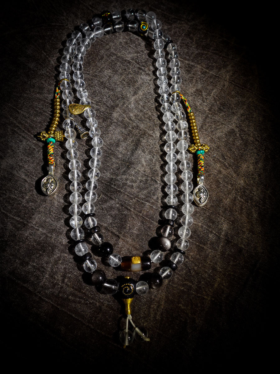 EastKarma CLARITY PROTECTION MALA | TIBETAN 108 CLEAR QUARTZ BEADS WITH HEALER BEAD & ZAKIRUM AMULET