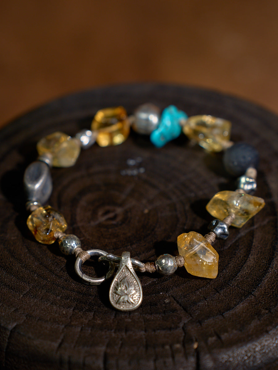 EastKarma WEALTH HARMONY BRACELET WITH CITRINE, TURQUOISE, AND SILVER OBSIDIAN – A HIMALAYAN TALISMAN OF PROSPERITY