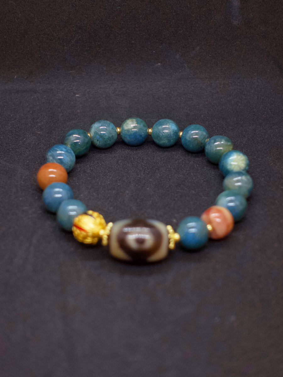 EastKarma AGATIZED CORAL THREE-EYED DZI BEAD SILVER ENERGY BRACELET