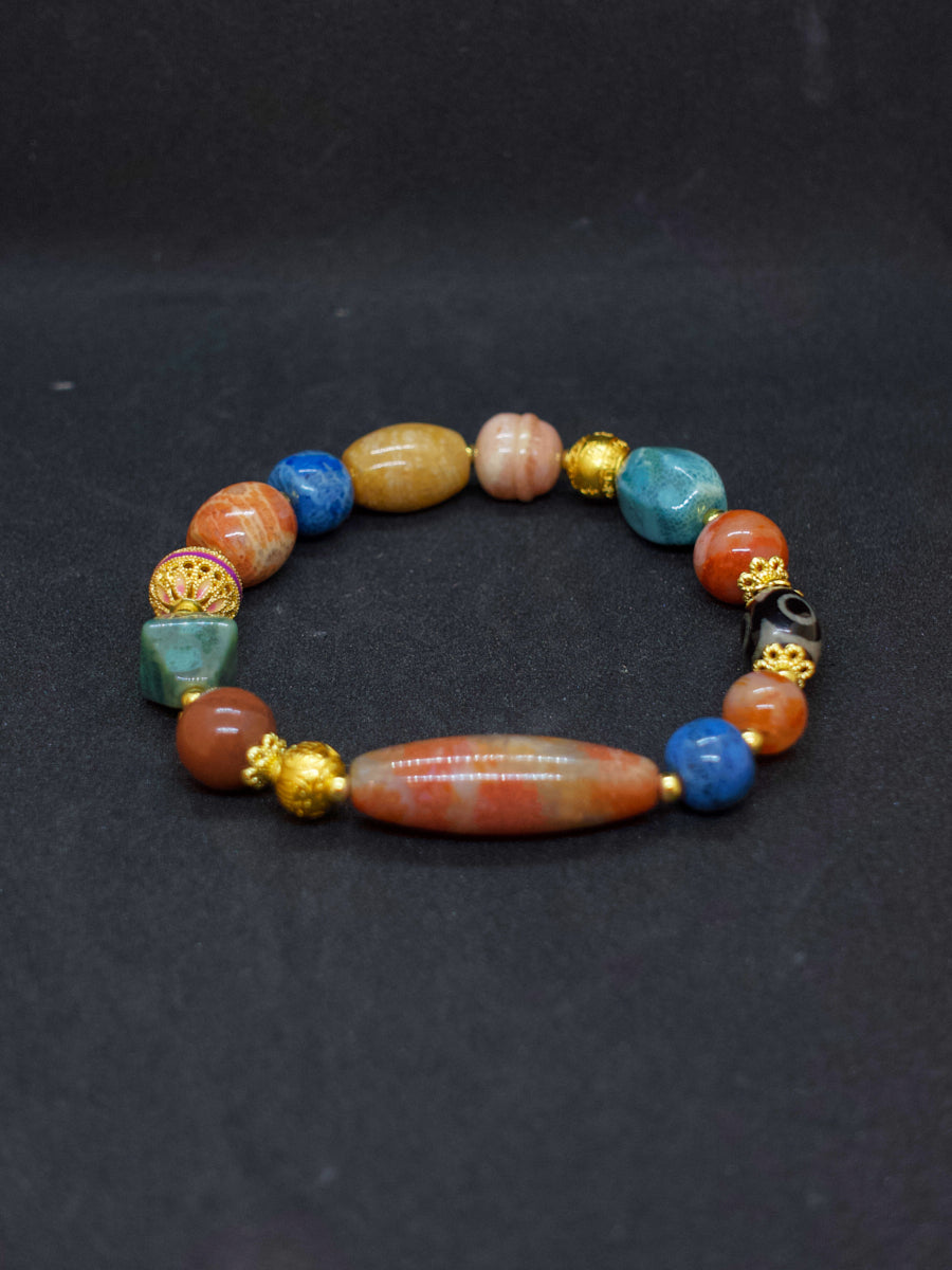 EastKarma AGATIZED CORAL WISDOM GUARDIAN THREE-EYED DZI SILVER ENERGY BRACELET