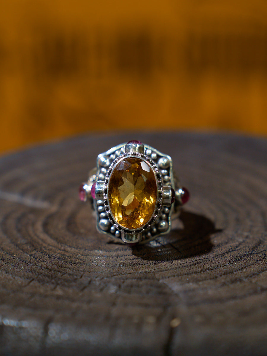 EastKarma CITRINE AND RUBY STERLING SILVER RING – TALISMAN OF WEALTH, VITALITY, AND HIMALAYAN SPIRITUAL WISDOM