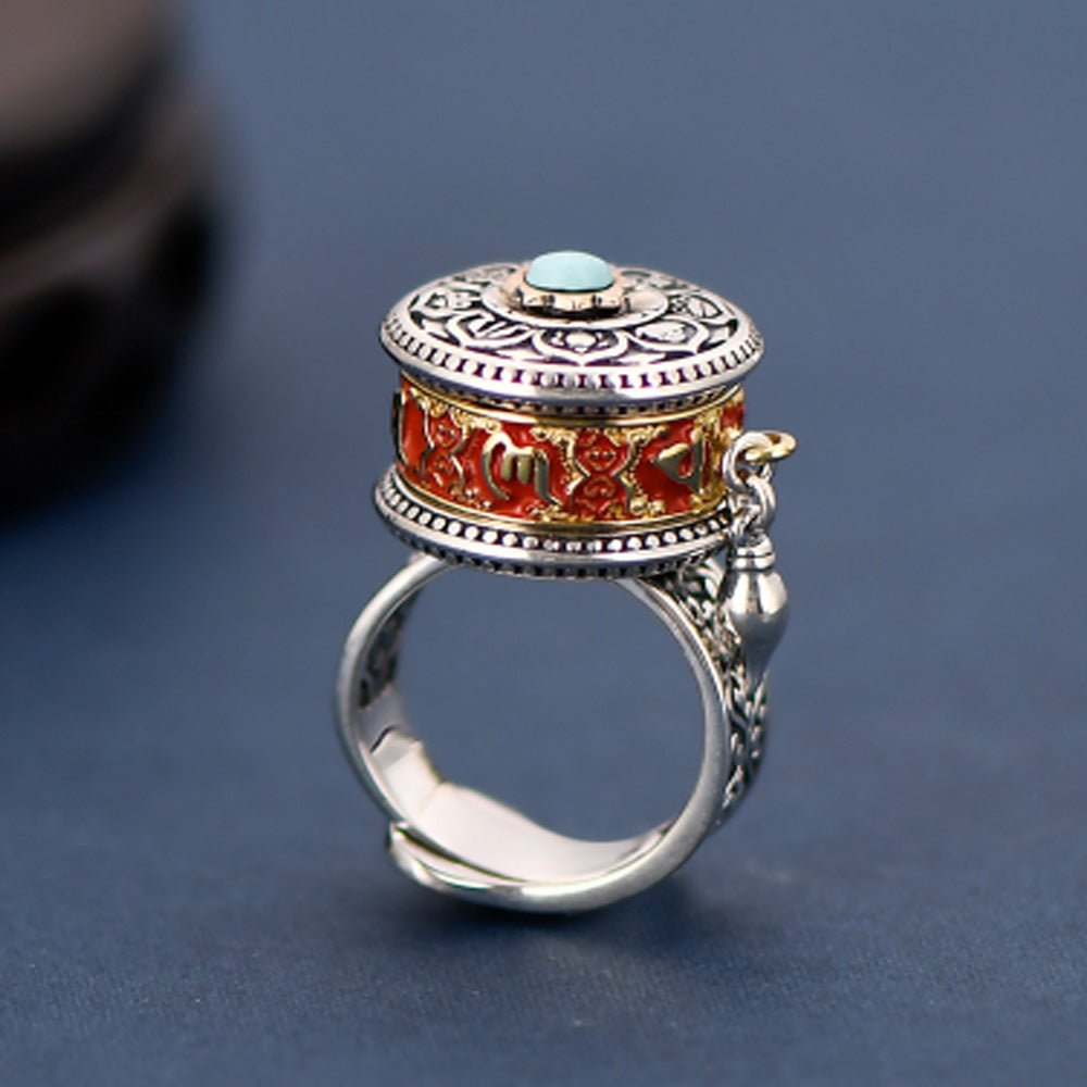 EastKarma TIBETAN BLESSING PRAYER WHEEL RING – SILVER AND TURQUOISE SPINNER