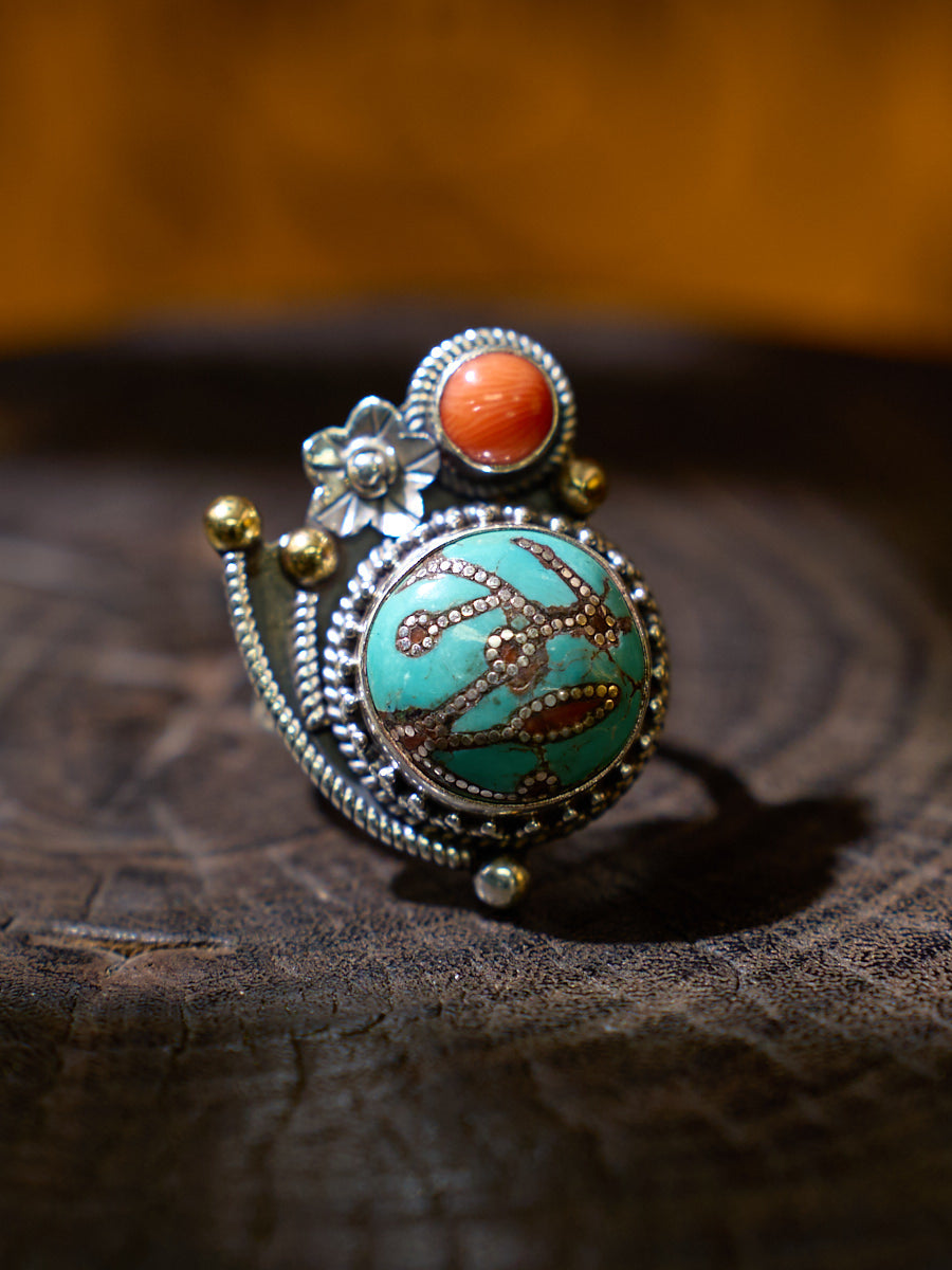 EastKarma TURQUOISE AND RED CORAL STERLING SILVER RING – TALISMAN OF GOOD LUCK, LOVE, AND HIMALAYAN SPIRITUAL HARMONY