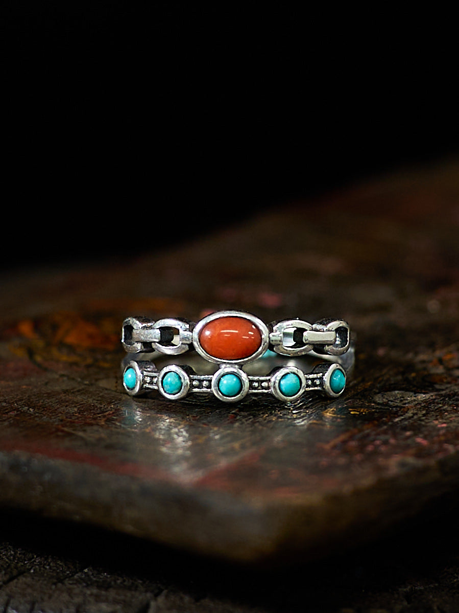 EastKarma BOOST HARMONY DUAL-BAND TURQUOISE CORAL SILVER RING