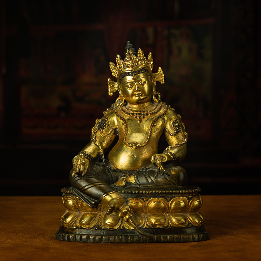 EastKarma YELLOW DZAMBHALA STATUE – PURPLE ZILIMA COPPER WEALTH SCULPTURE