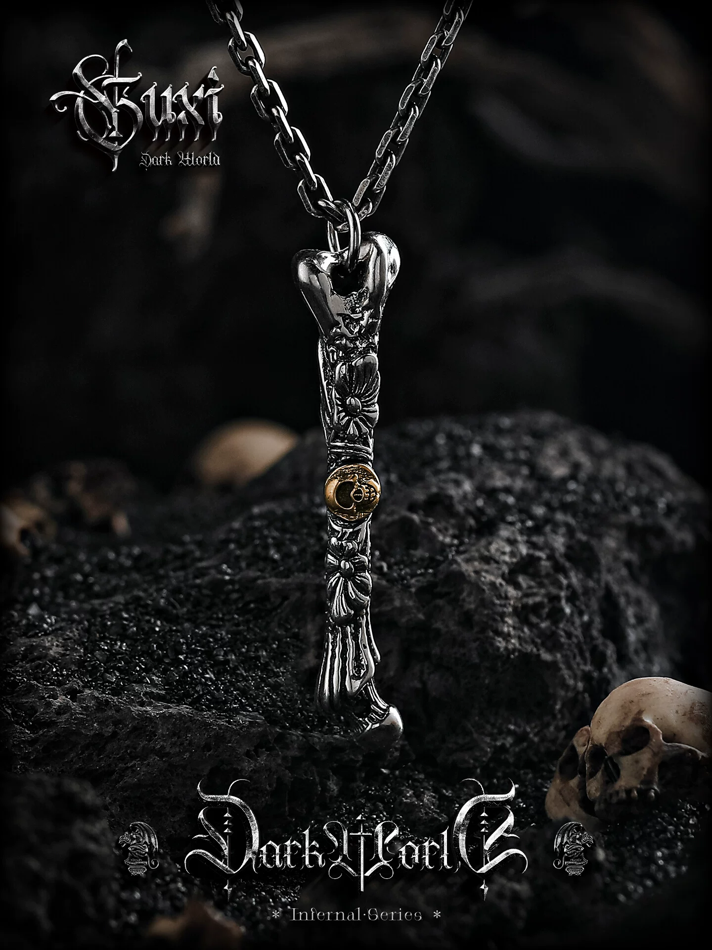 GUXI【荒寂】复古925银项链男高级感腿骨吊坠骷髅小众设计感饰品