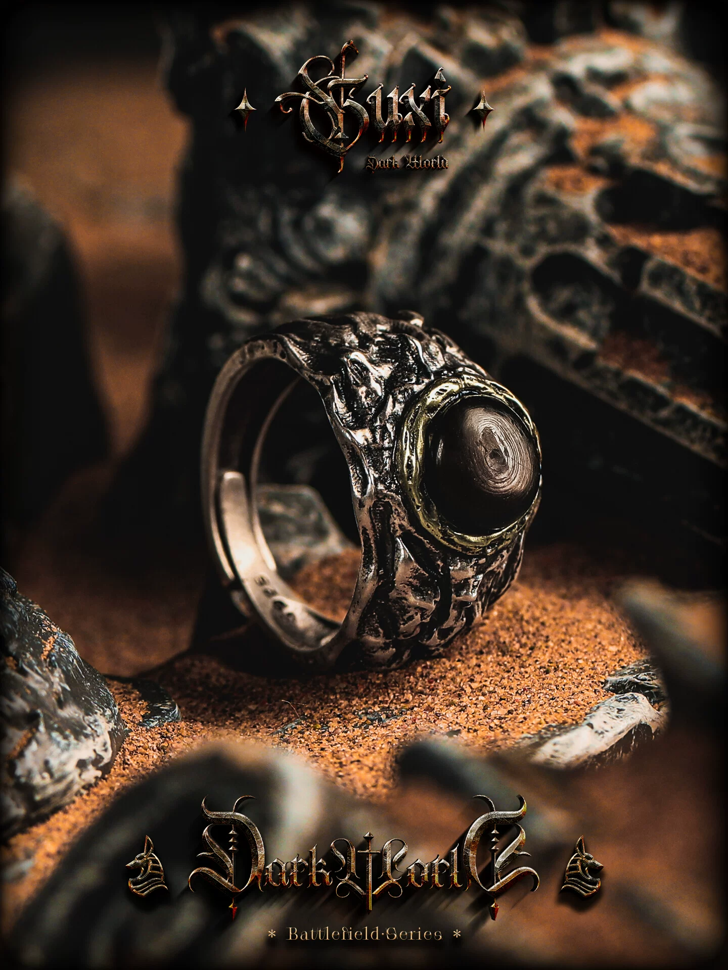 GUXI【烬痕】原创设计个性复古925银戒指男高级感金运石宝石指环