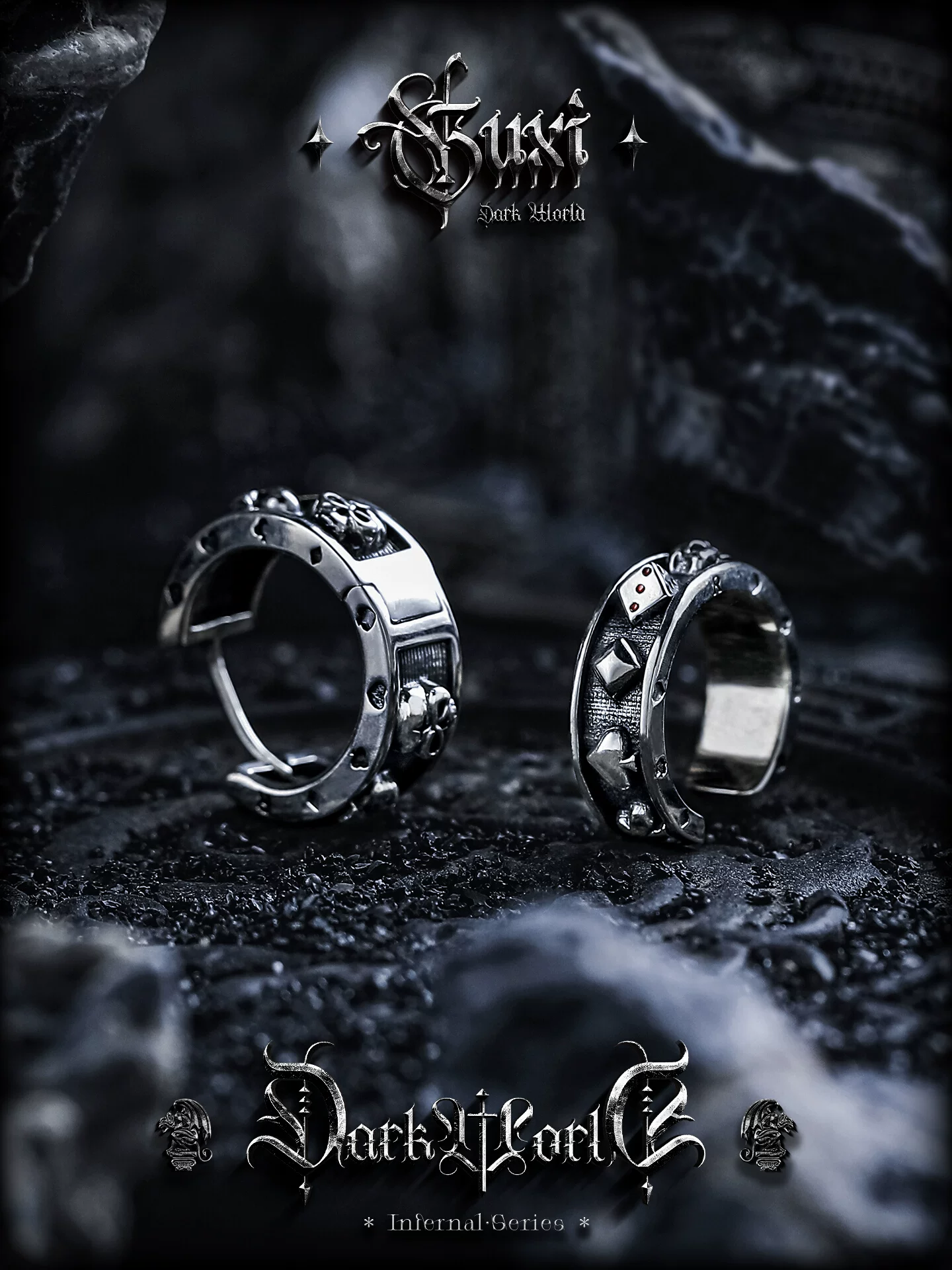 GUXI【黑暗公馆】暗黑风925银耳钉男无耳洞耳夹复古耳扣小众耳环