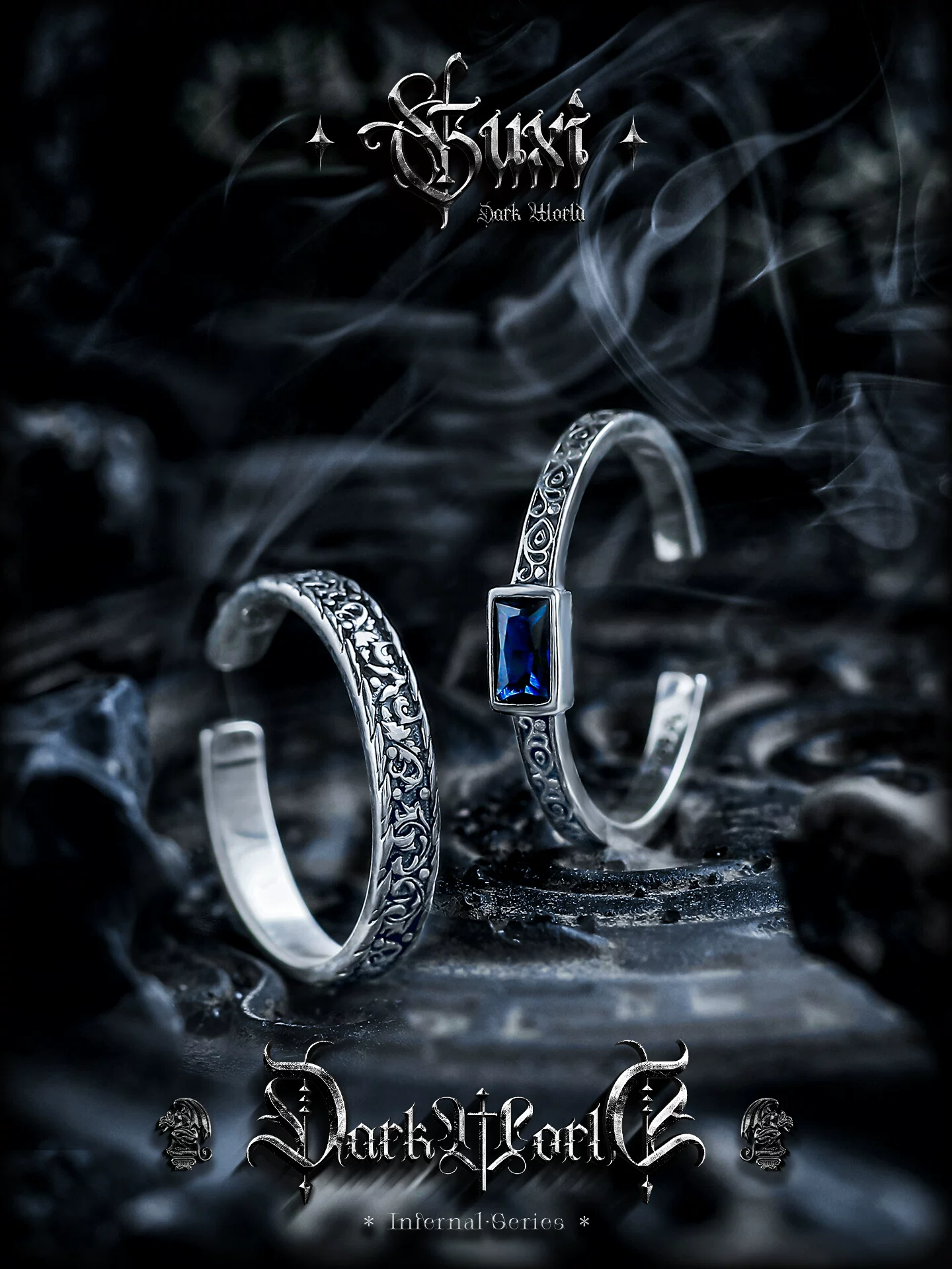 GUXI【逐影】暗黑风925银戒指男高级感小众冷淡风复古个性开口戒