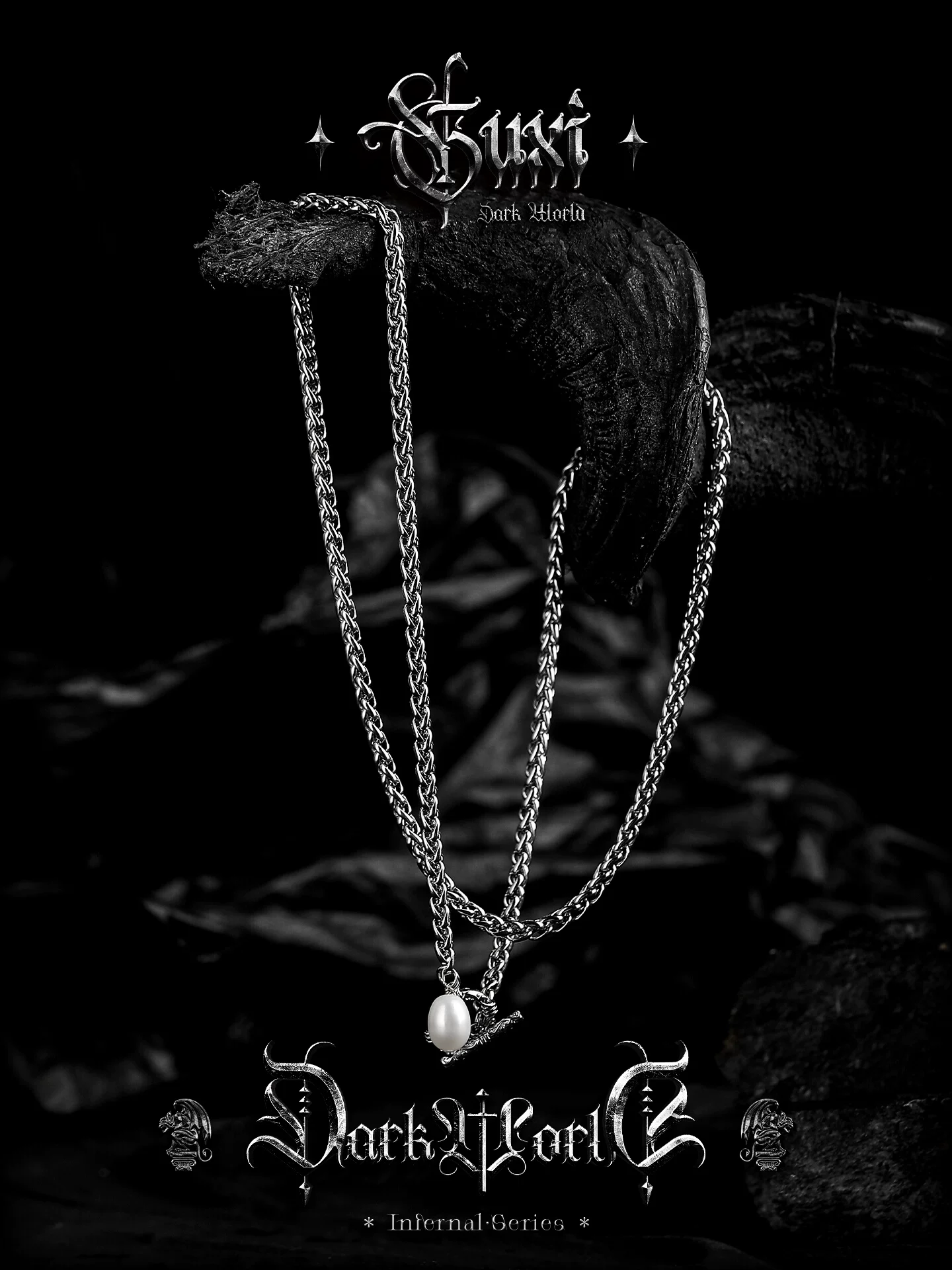 GUXI【鲛人泪】钛钢项链男潮高级感ins小众珍珠吊坠毛衣链颈饰品