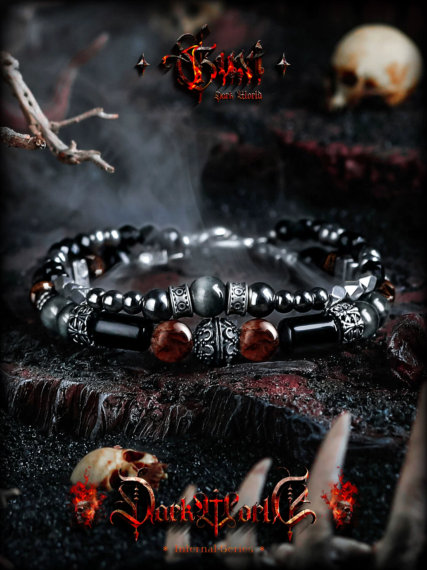 GUXI【泠烛】暗黑风红胶花水晶手链男生复古鹰眼石手串珠多圈饰品