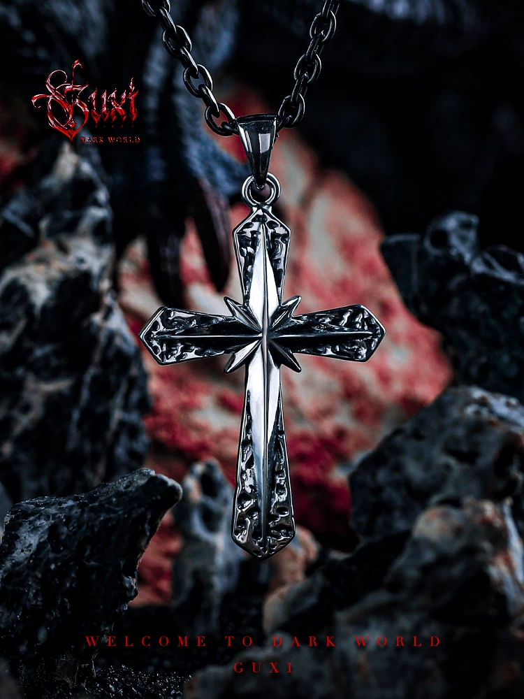 GUXI【朝晖】暗黑风925银项链男高级感复古十字架吊坠小众银饰品