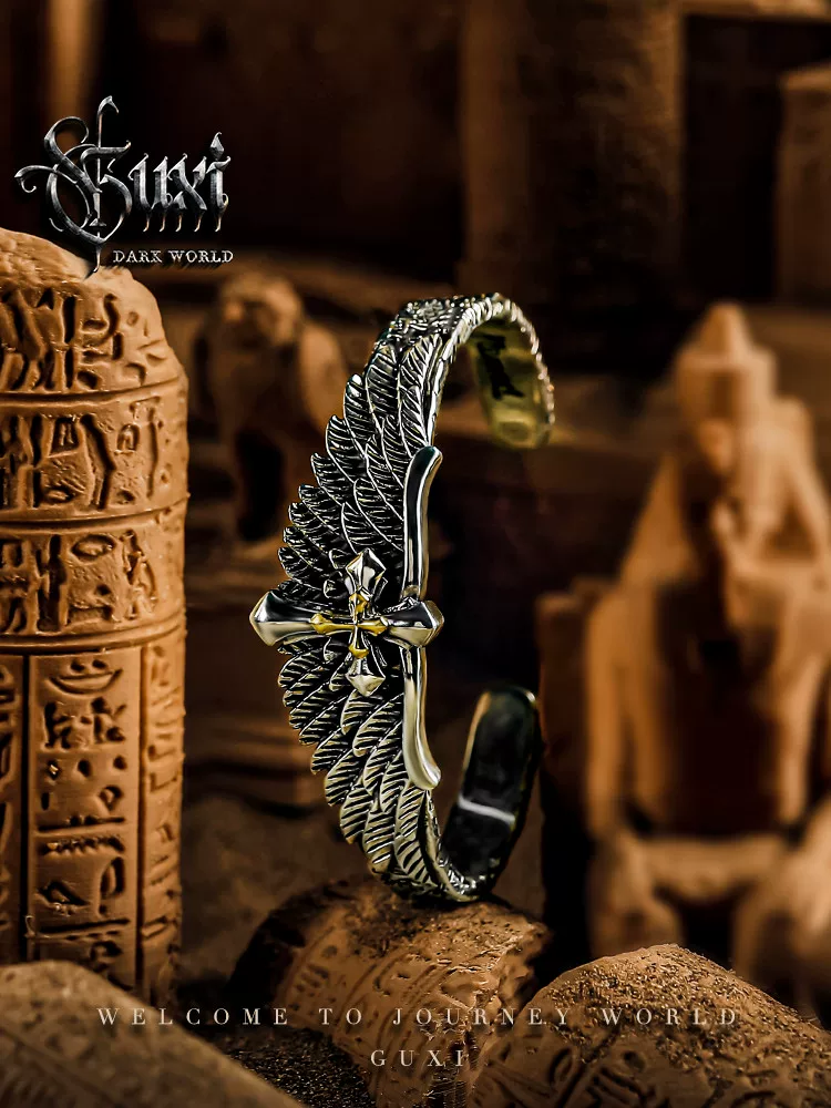 GUXI【羽粼】嘻哈朋克十字架925银手镯男个性复古羽毛翅膀手环潮