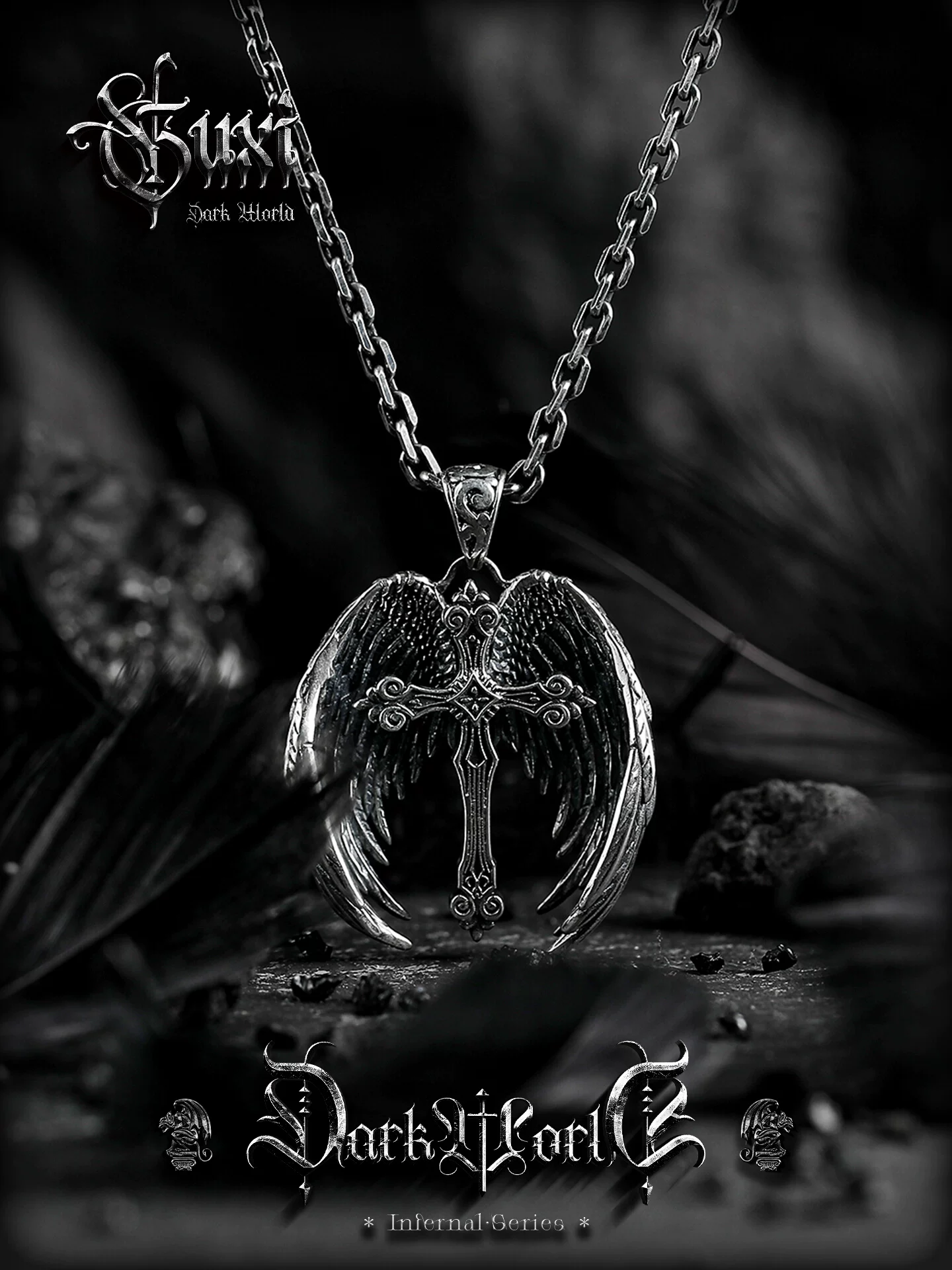 GUXI【恶魔之翼 】复古十字架吊坠男小众925银项链送男友生日礼物