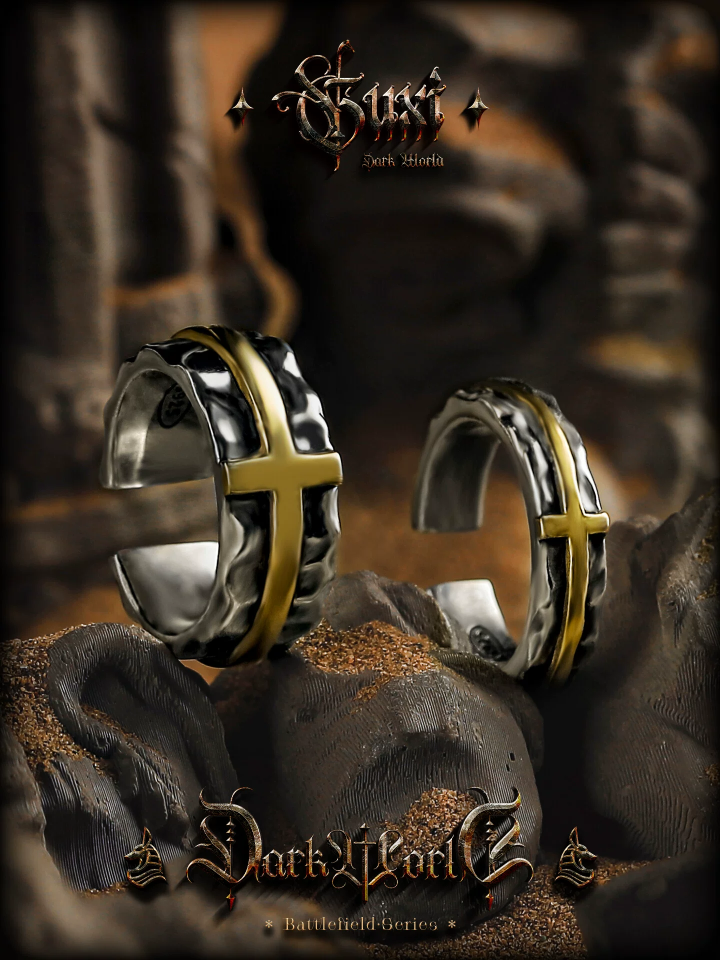 GUXI【弥望】925银戒指男十字开口戒复古做旧指环情侣冷淡风银饰